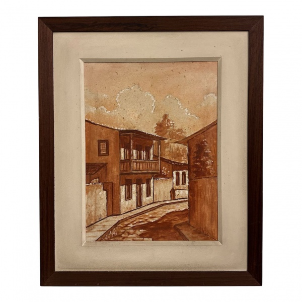 Quadro óleo sobre tela representando casario, emoldurado; medidas externas 58 x 48 cm e internas 39 x 29 cm; apresenta marcas do tempo e desgastes.