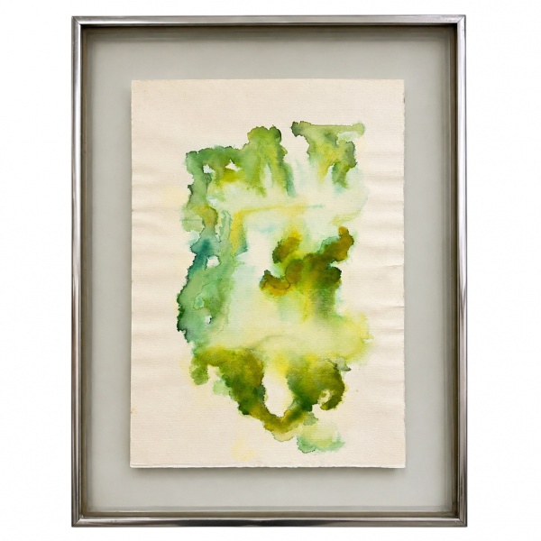 Quadro abstrato em aquarela sobre papel, emoldurado sob vidro; medidas 47 x 36 cm; apresenta marcas do tempo e desgastes.