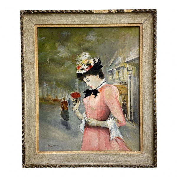 Quadro representando figura feminina, óleo sobre tela, com assinatura não identificada, emoldurado; medidas totais 56 x 48 cm e internas 44 x 36 cm; apresenta perdas na moldura, marcas do tempo e desg