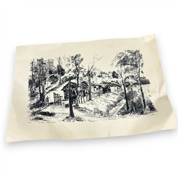 Gravura assinada por Maria Tereza Vieira, representando paisagem rural; medidas aproximadas 58 x 40 cm; sem moldura; apresenta pequeno rasgo, vincos, marcas do tempo, manchas e sinais de armazenamento