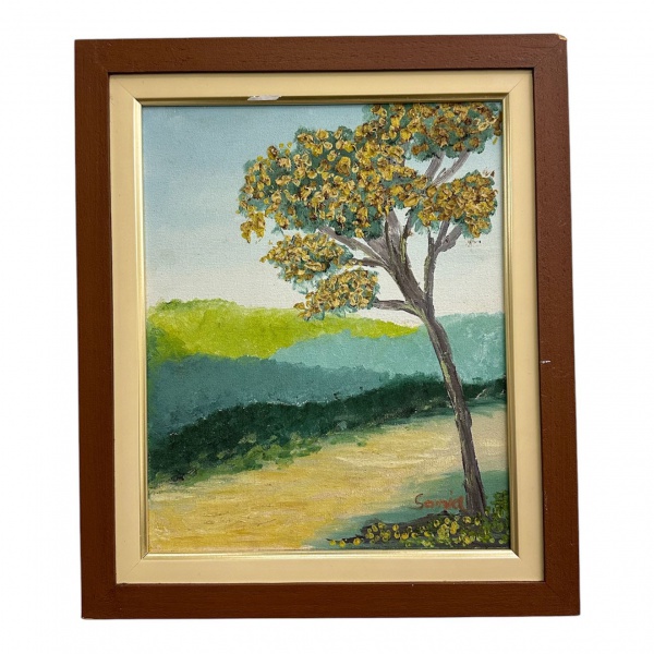 Óleo sobre tela representando paisagem com árvore, assinado Sonia, medindo 30 x 34 cm; apresenta moldura de madeira e sinais do tempo compatíveis com a conservação da peça.