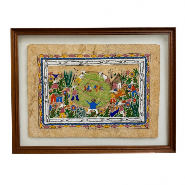 Quadro decorativo sobre folha tipo papiro, assinado Alfonso Molina Catalán, medindo 54 x 41 cm; emoldurado sob vidro, apresenta sinais do tempo.