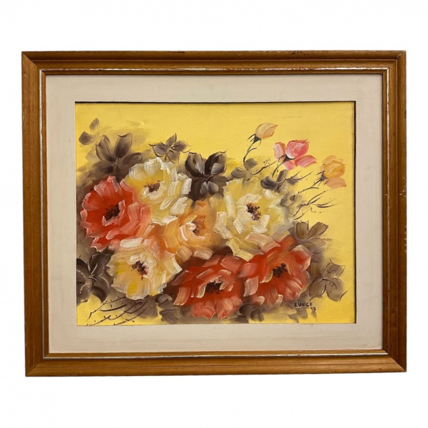 Óleo sobre tela representando natureza-morta com flores, assinado Eunice e datado de 1995, medindo 49 x 39 cm (imagem) e 66 x 56 cm (moldura); apresenta sinais do tempo.