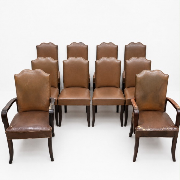 Conjunto com 10 cadeiras em couro ou couro sintético sendo 8 laterais e 2 com braços; cabeceiras medindo 103 x 60 x 48 cm; apresentam desgastes e sinais de uso no couro. Venda no estado.