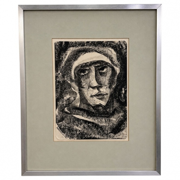 Gravura em preto e branco representando figura humana, assinada, medindo 30 x 36 cm; emoldurada sob vidro, apresenta sinais do tempo.