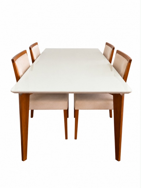 Mesa para sala de jantar com tampo claro e estrutura em madeira, medindo 80 cm de altura, 100 cm de largura e 182 cm de comprimento, acompanhada de 4 cadeiras com estrutura em madeira e assentos e enc