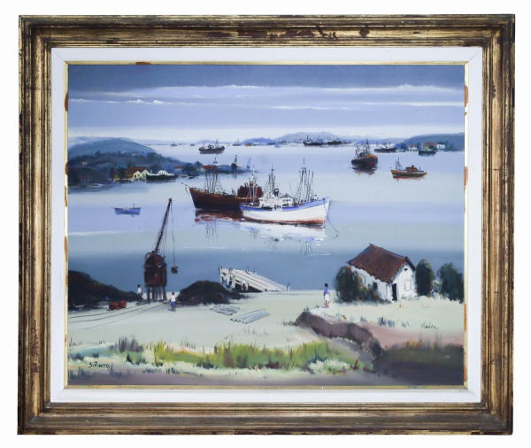 Silvio Pinto, Beira do Cais - Quadro óleo sobre tela datado de 1972, representando paisagem marítima com embarcações atracadas e casario à beira-mar; assinado no canto inferior esquerdo e identificado