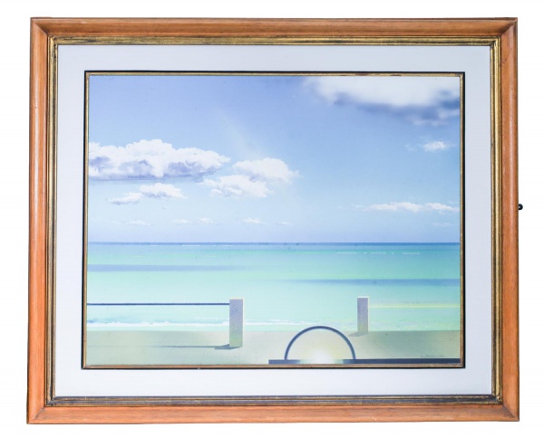 Ivan Freitas - Quadro óleo sobre tela datado de 1986, representando paisagem marítima com vista para o mar, céu com nuvens e faixa litorânea; assinado no canto inferior direito e identificado no verso