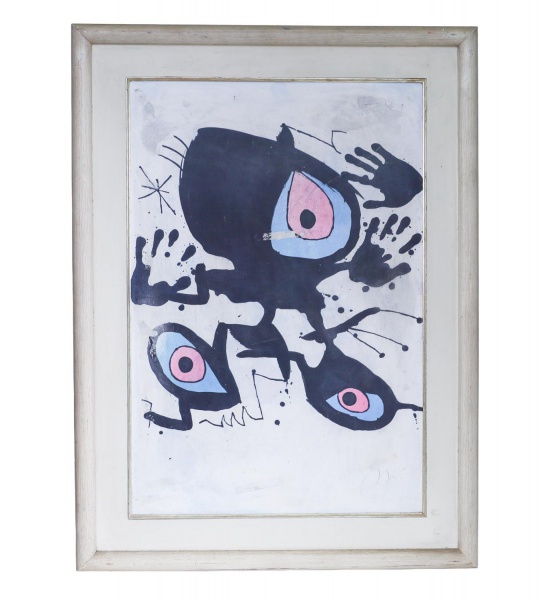 Joan Miró (atribuído), composição abstrata com formas orgânicas e elementos biomórficos em policromia sobre fundo claro; assinada no canto inferior direito; medidas internas 49 x 71 cm e externas 66 x