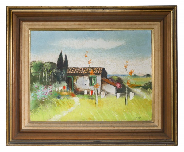 Lazzarini - Quadro óleo sobre tela representando paisagem campestre com residência, vegetação e caminho em primeiro plano; assinado no canto inferior direito e datado de 1984; medidas internas 45 x 60