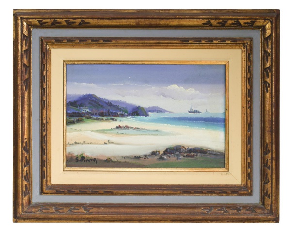 Sylvio Pinto - Quadro óleo sobre tela representando marinha com faixa de areia e litoral ao fundo; assinado no canto inferior esquerdo e identificado no verso como Marinha, datado de 1986; medidas int