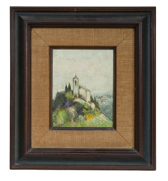 Lazzarini - Quadro óleo sobre tela representando paisagem com igreja sobre colina; assinado no canto inferior esquerdo e datado de 1982, medidas internas 23 x 18 cm e externas 43 x 48 cm; acondicionad