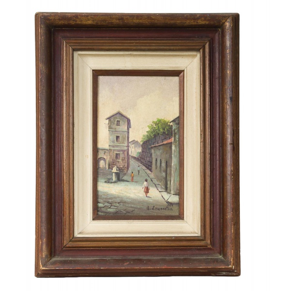 Alfredo Lowenstein - Quadro óleo sobre tela representando cena urbana com casario e figuras; assinado e datado de 1989 no canto inferior direito; medidas internas 15 x 25 cm e externas 38 x 49 cm; aco