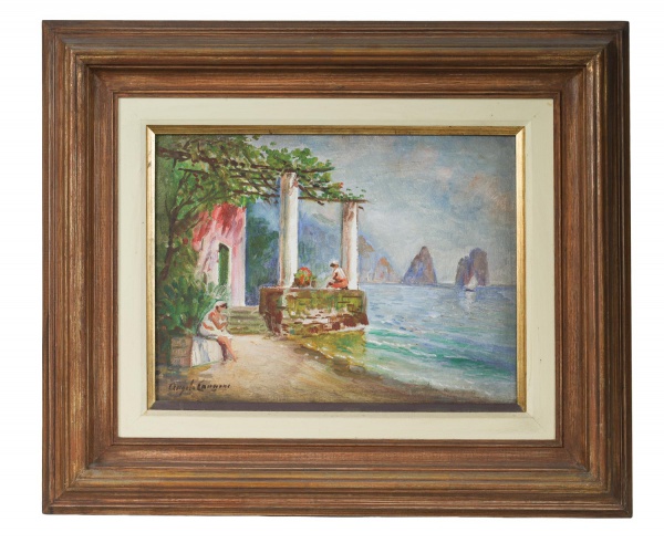 Angelo Cannone - Quadro óleo sobre eucatex representando paisagem litorânea com figuras junto ao mar e formação rochosa ao fundo; assinado no canto inferior esquerdo; medidas internas 39 x 29 cm e ext