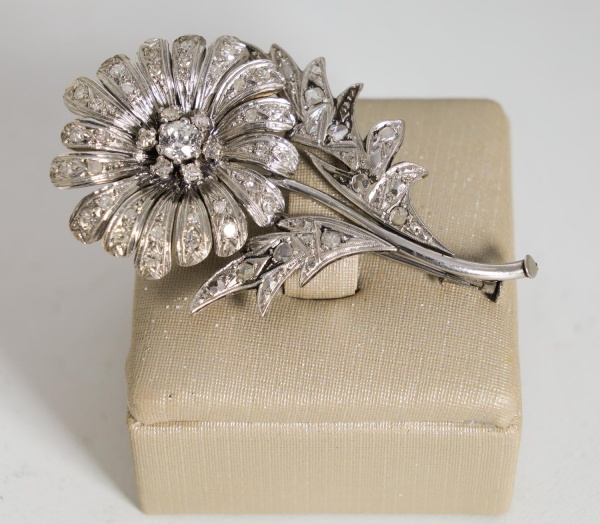 Broche em platina, em formato floral com haste e folhas estilizadas, ricamente cravejado com diamantes em lapidação brilhante, destacando-se pedra central de maior dimensão, pesando 10 g