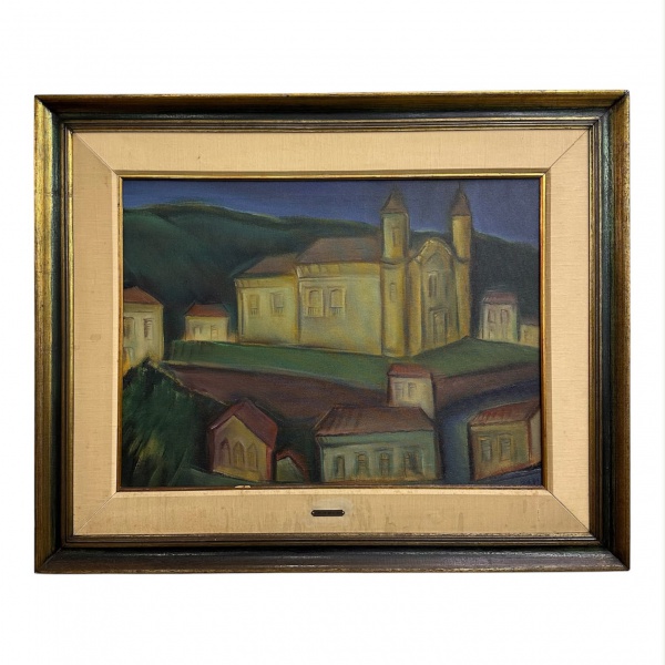 Óleo sobre tela representando vista urbana de Ouro Preto com a Igreja de São Francisco de Assis, assinado por Carlos Bracher e identificado no verso com o título Igreja São Francisco de Assis e Casas,