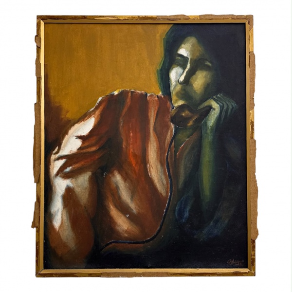 R. Magno, óleo sobre tela representando figura feminina ao telefone, assinado e datado de 1981 no canto inferior direito, emoldurado; medidas totais 68 x 57 cm; apresenta desgastes e perdas na moldura