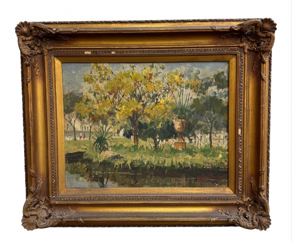 José Maria de Almeida óleo sobre eucatex representando paisagem com jardim e espelho dágua, assinado e datado de 1950 no canto inferior direito, emoldurado; medidas internas 26 x 34 cm e externas 42 x