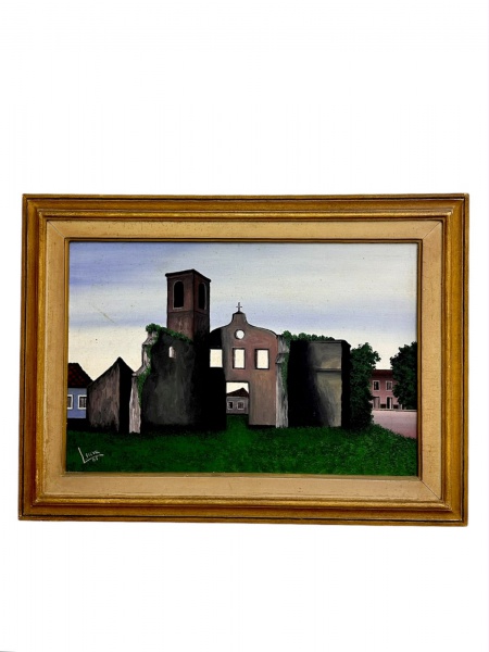 Quadro óleo sobre tela, assinado Silva, representando as ruínas da Matriz de Alcântara (MA); no verso consta a inscrição Ruínas da Matriz Alcântara MA; medindo 55 x 75 cm; apresenta marcas do tempo, d