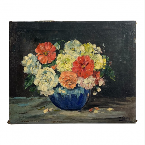 J. Bors (assinado) Óleo sobre tela representando natureza-morta com arranjo floral em vaso azul. Assinado no canto inferior direito. Medindo 38 x 47 cm. Apresenta craquelês, pequenas perdas nas bordas