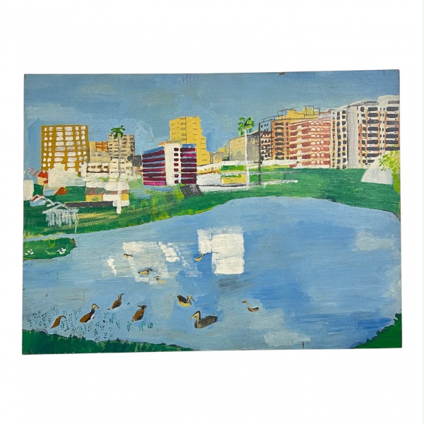 Pintura óleo sobre tela representando paisagem urbana com espelho dágua e aves em primeiro plano. Medindo 60 x 81 cm.