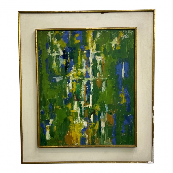 Emily Quadro óleo sobre tela de composição abstrata, assinado e datado no canto superior direito. Medidas: 55 x 45 cm (interna) e 74 x 65 cm (externa). Apresenta moldura com desgastes e marcas do temp