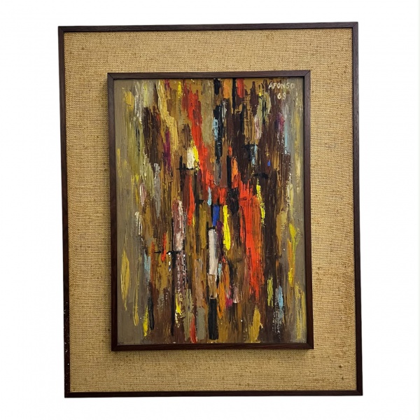 Afonso (1968) Óleo sobre tela de composição abstrata, assinado e datado no canto superior direito. Medidas: 45 x 32 cm (interna) e 65 x 52 cm (externa).