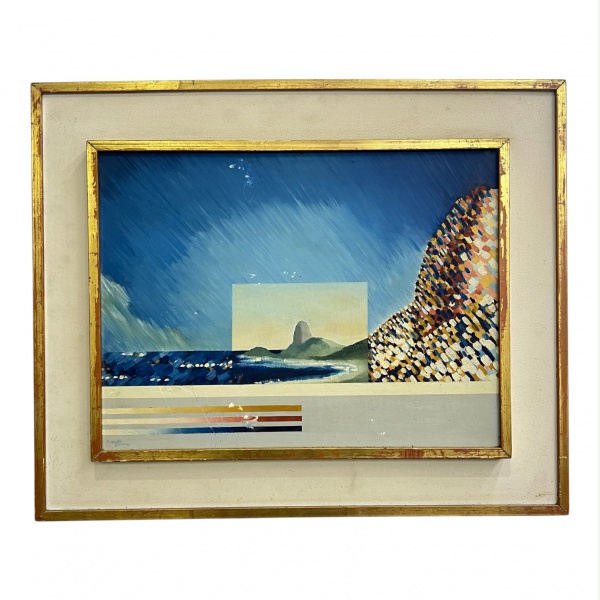 Antonio Palmeira Óleo sobre Eucatex representando composição com paisagem litorânea em linguagem moderna, assinado no canto inferior esquerdo. Medidas: 29 x 39 cm (interna) e 44 x 54 cm (externa).