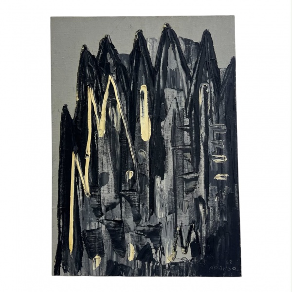 Afonso (68) Óleo sobre tela de composição abstrata, assinado e datado no canto inferior direito. Medindo 33 x 24 cm.