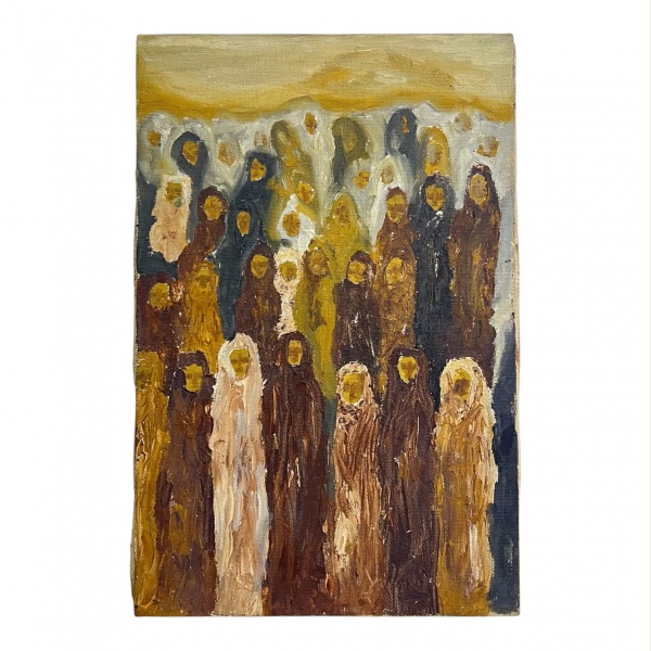 Óleo sobre tela representando composição figurativa com grupo de personagens estilizados. Medindo 41 x 27 cm.