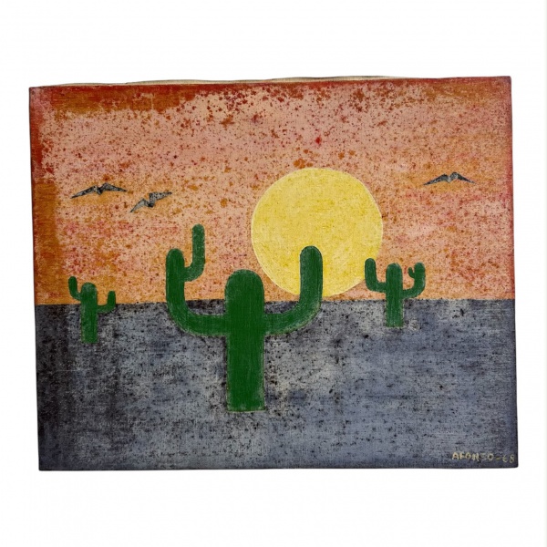 Afonso (1968) Óleo sobre tela representando paisagem com cactos, assinado e datado no canto inferior direito. Medindo 33 x 41 cm.