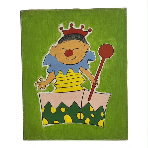 Óleo sobre tela representando figura de palhaço estilizado com cetro e coroa, em composição de caráter lúdico. Medindo 41 x 33 cm