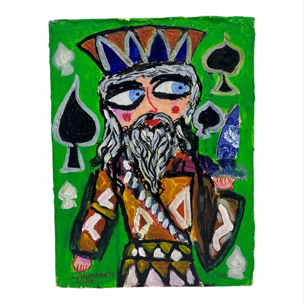 C. Humberto (2024) Rei Davi Técnica mista sobre madeira, representando figura estilizada do Rei Davi com elementos de baralho e aplicação de fragmento cerâmico. Assinado no verso e na frente. Medindo 
