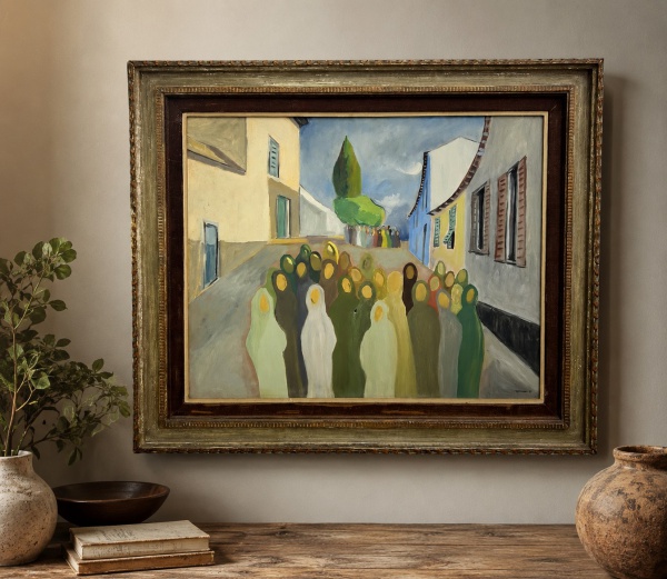 Afonso (1968), óleo sobre tela representando cena urbana com figuras estilizadas em procissão. Assinado e datado no canto inferior direito. Medidas: 108 x 127 cm (moldura) e 80 x 98 cm (obra). Apresen