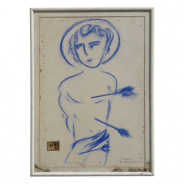 C. Humbert, desenho em pastel azul sobre papel, representando São Sebastião, datado Rio, 20 de janeiro de 2008, com selo aplicado na composição. Emoldurado sob vidro. Medidas: 66 x 49 cm. Apresenta ma