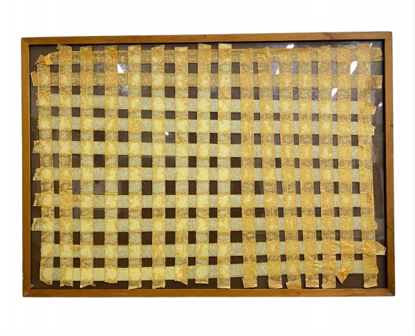 Técnica mista tiras de material orgânico entrelaçadas sobre suporte têxtil, sob vidro - 25 32,4 cm (s/m) 51 72 cm (c/m)