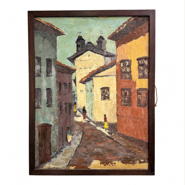 AUTOR NÃO IDENTIFICADO - ASSINADO - Casario colonial com igreja - Óleo sobre eucatex - Assinado no canto inferior esquerdo (assinatura de difícil leitura) - 96 74 cm (c/m)Cena urbana de casario coloni