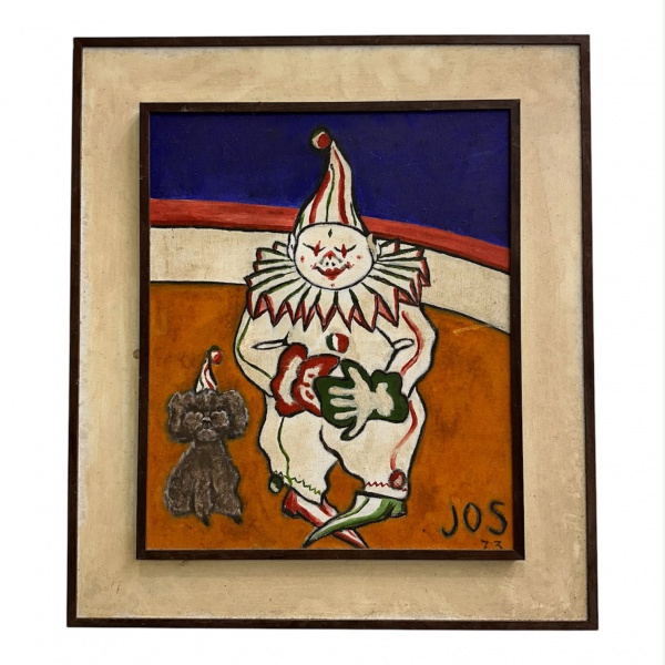 Quadro óleo sobre tela representando palhaço com cachorro, assinado JOS e datado de 1973, medindo 63 x 55 cm (medidas externas da moldura) e 47 x 40 cm (medidas da obra);