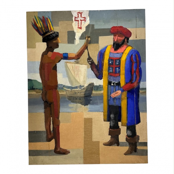 Óleo sobre tela representando o encontro entre indígena e navegador português, medindo 65 x 51 cm; apresenta leves desgastes, pequenas manchas e marcas do tempo.
