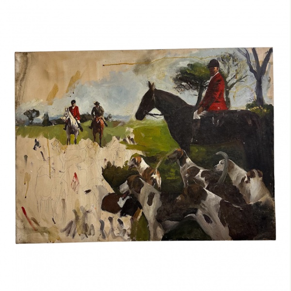 Óleo sobre tela representando cena de caça à raposa, com cavaleiros montados e matilha de cães, medindo 54 x 73 cm; com marcas do tempo