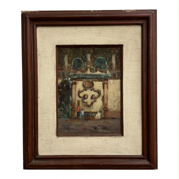 Quadro óleo sobre tela representando cena arquitetônica, assinado, datado de 1980, conforme inscrição no verso; medindo 60 x 50 cm (moldura) e 33 x 23 cm (obra); apresenta leves desgastes, marcas do t