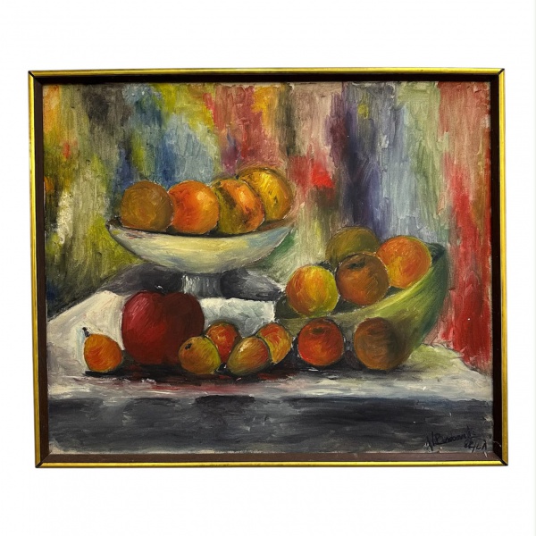Óleo sobre tela representando natureza-morta com frutas, assinado, medindo 54 x 64 cm;
