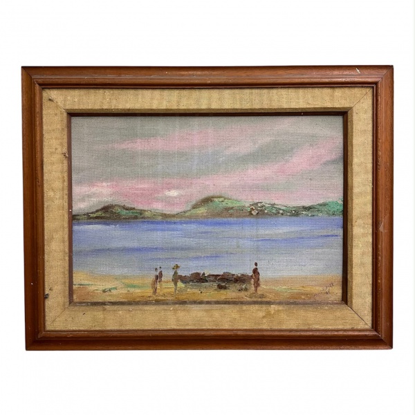 Quadro óleo sobre Eucatex representando paisagem litorânea, assinado, medindo 56 x 73 cm (medida da moldura) e 38 x 54 cm (medida da obra); apresenta sinais de uso, marcas do tempo e desgastes na mold