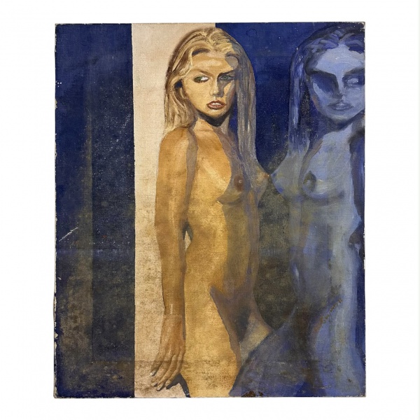 Óleo sobre tela representando composição com nu feminino, medindo 46 x 38 cm; assinado no canto inferior direito (assinatura ilegível); apresenta sinais de uso, marcas do tempo e pequenos desgastes na