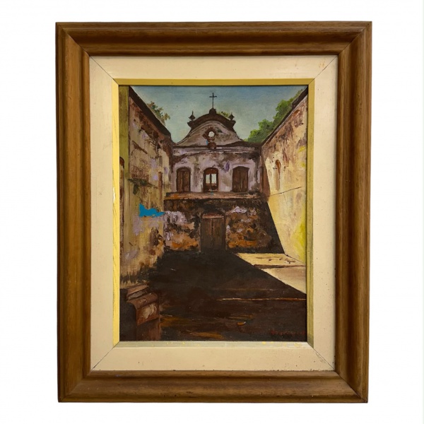 Quadro óleo sobre tela representando as Ruínas do Convento de São Bernardino de Sena, Angra dos Reis RJ, conforme inscrição no verso, medindo 58 x 48 cm (medida da moldura) e 39 x 28 cm (medida da obr