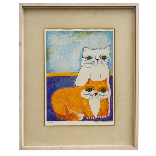 Gravura em cores de Aldemir Martins, numerada 69/150, representando composição figurativa com dois gatos estilizados em paleta vibrante de azul, laranja e amarelo, assinada e datada pelo artista no ca
