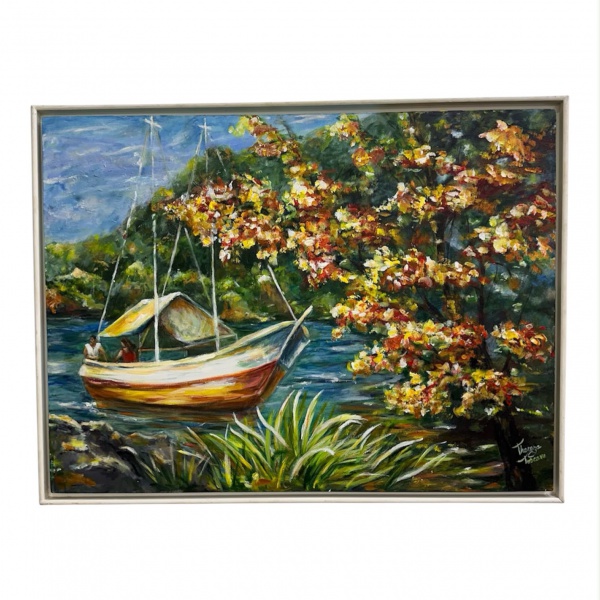 Thereza Toscano Ilha Grande Óleo sobre Eucatex, representando paisagem litorânea com embarcação ancorada e árvores floridas, assinado no canto inferior direito. No verso, identificação da obra Ilha Gr