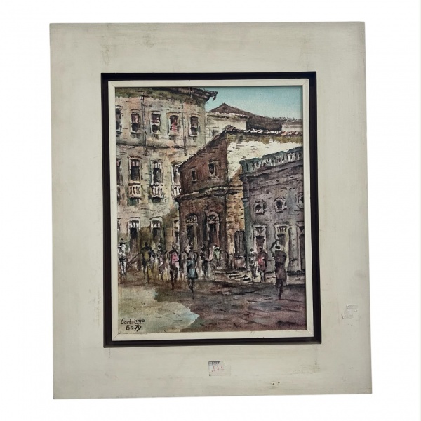 Costa Lima Quadro óleo sobre tela representando cena urbana com casario colonial, edificações de arquitetura histórica e figuras em movimentação, em composição de atmosfera cotidiana e paleta de tons