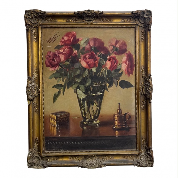 Ribeiro - Quadro óleo sobre tela representando natureza-morta com exuberante arranjo de rosas em vaso de vidro sobre mesa, acompanhado por pequena caixa decorativa e recipiente metálico, composição de