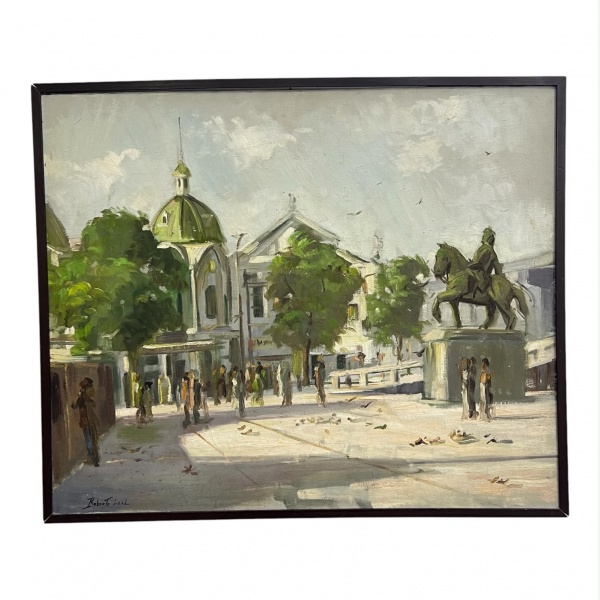Roberto Leal - Qaudro em óleo sobre tela representando vista urbana com praça, igreja de cúpula e monumento equestre, composição com figuras e tratamento luminoso. Assinado Roberto Leal no canto infer
